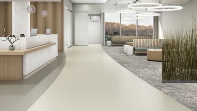 Interface Just Deserts plank carpet tile inset with satura nora rubber flooring in healthcare reception, waiting room and corridor