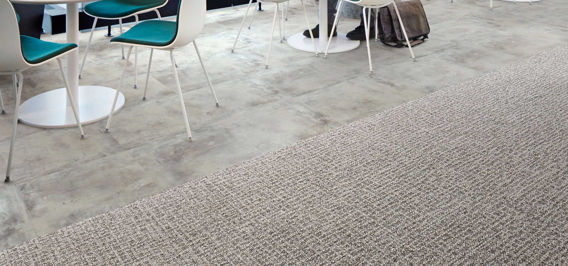 Interface Open Air 415 carpet tile with Textured Stones LVT in casual seating area