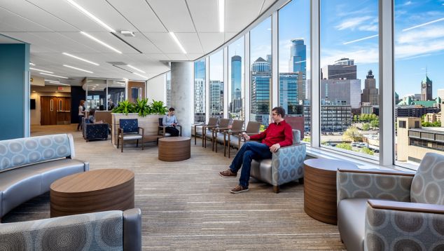 Interface Reincarnation carpet tile in hospital waiting area with seating and glass walls