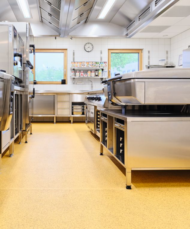 noraplan ultra grip rubber flooring in commercial kitchen