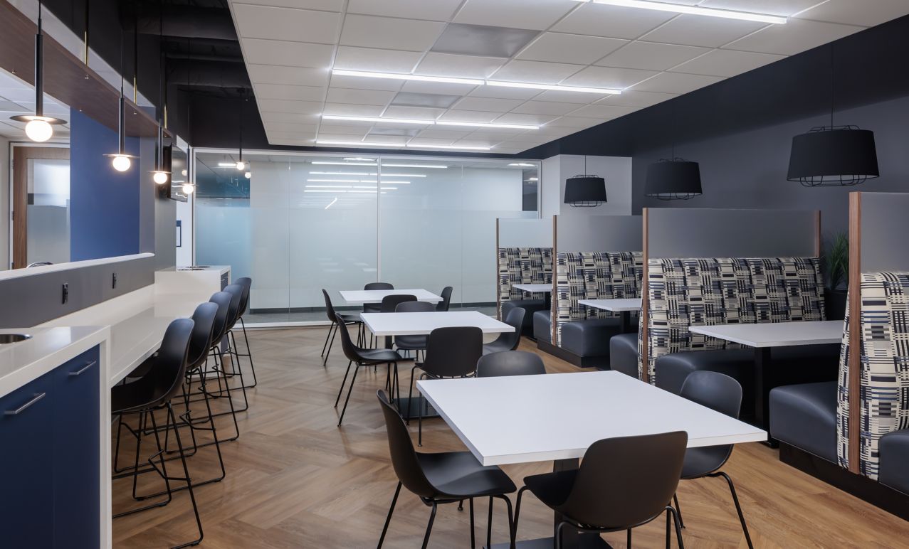 Cafeteria in a hospital with Textured Woodgrains 4.5 mm LVT tiles
