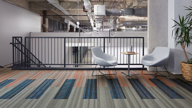 Interface Luminescent, Aglow and Translucent plank carpet tile in seating area