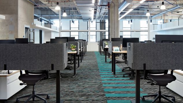 Interface Soft Glow and On Line plank carpet tile in open office