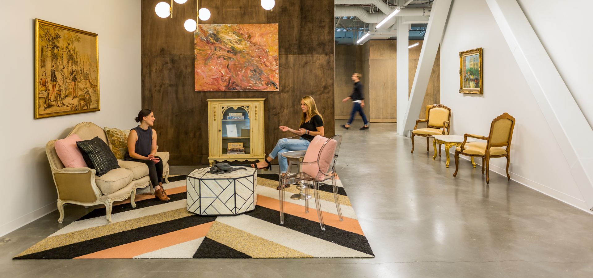 FLOR's In the Deep and Made You Look carpet tiles in Pop Star area rug in commercial workspace