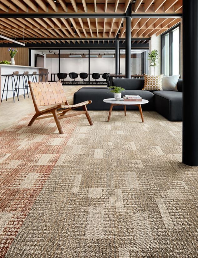 Interface Dot O-Mine plank carpet tile with Cliff LVT in lobby