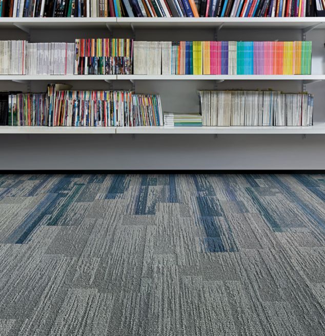 Interface Aerial Flying Colors AE311 and AE315 plank carpet tile in library