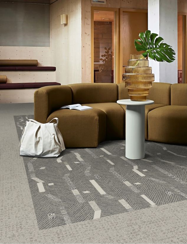 Interface Accent Hour plank carpet tile with Step It Up carpet tile in workplace lobby