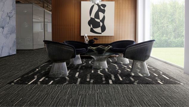 Interface Accent Hour and Comes Around plank carpet tile in workplace meeting area with Knoll Platner furniture