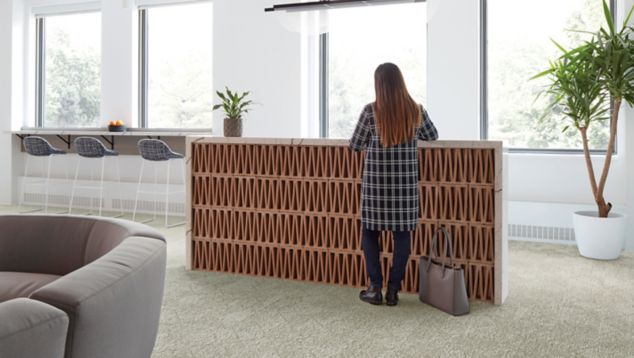 Interface Angle Up plank carpet tile in reception area with woman standing at desk