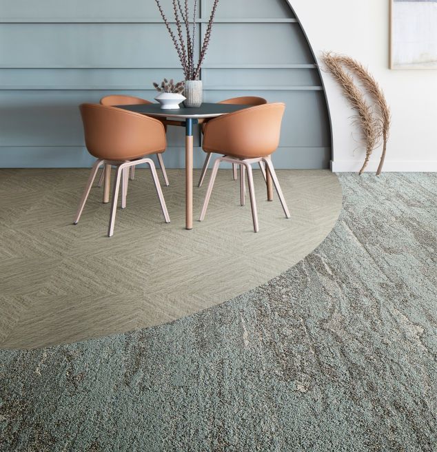 Interface Ferris plank carpet tile and Interface Ridge LVT in a casual dining area