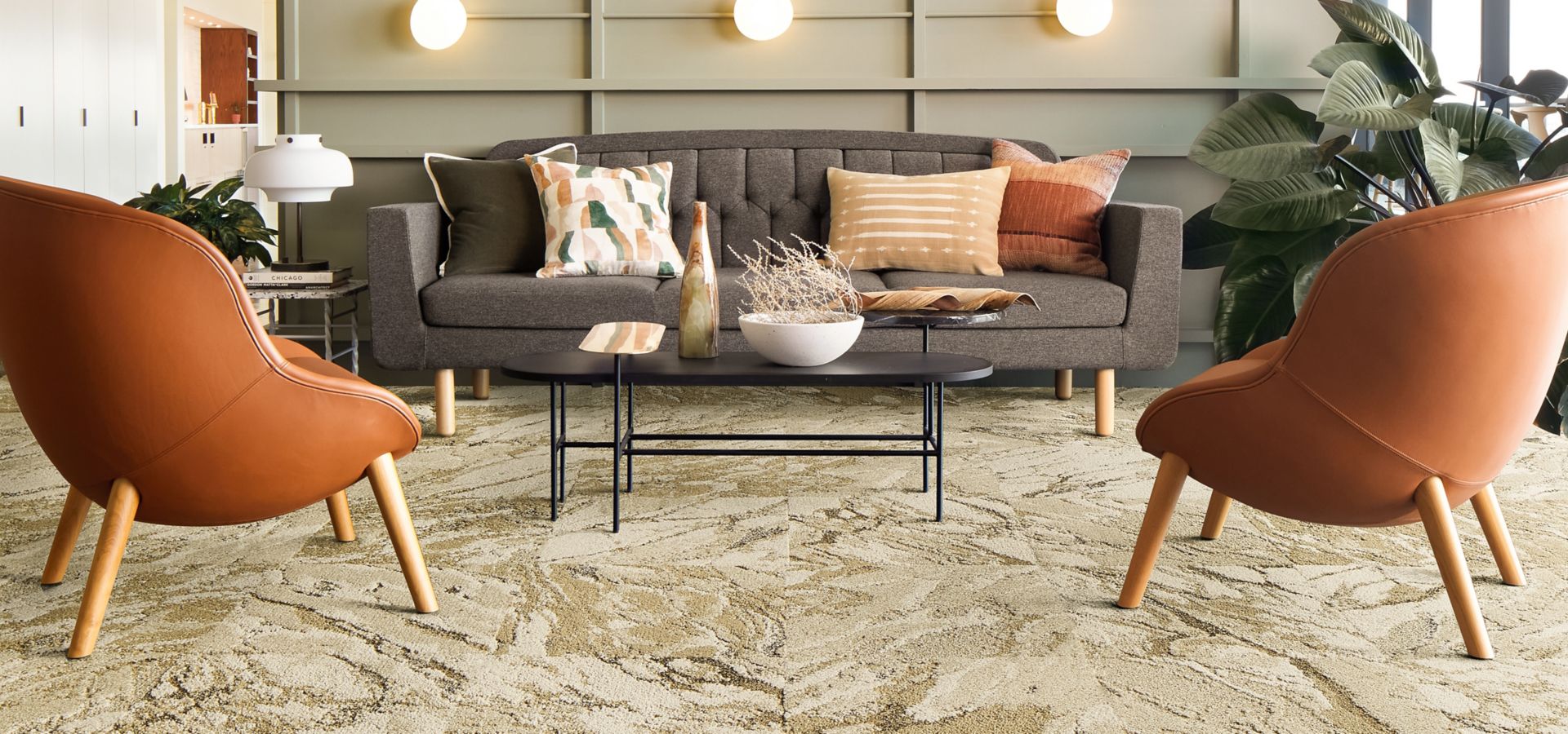 Interface Mesa carpet tile and FLOR Zera in a casual seating area