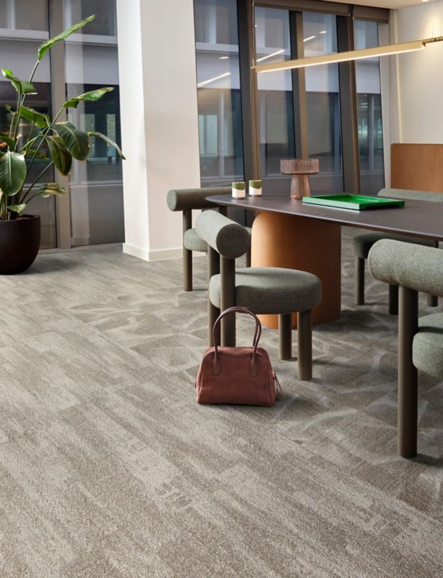 Interface Overtone carpet tiles with Tempo Trace plank carpet tiles in workplace meeting room