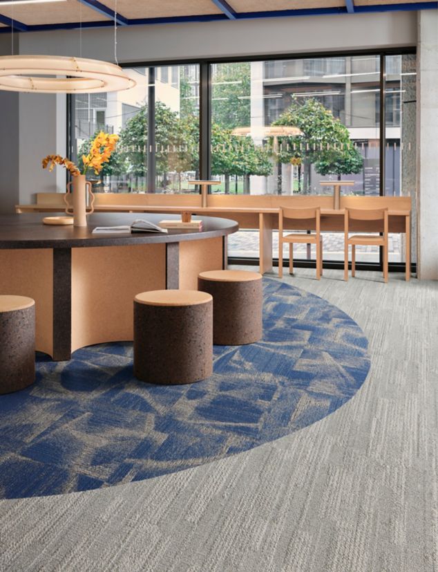 Interface Overtone carpet tile with Soft Measure plank carpet tile in workplace collaborative area