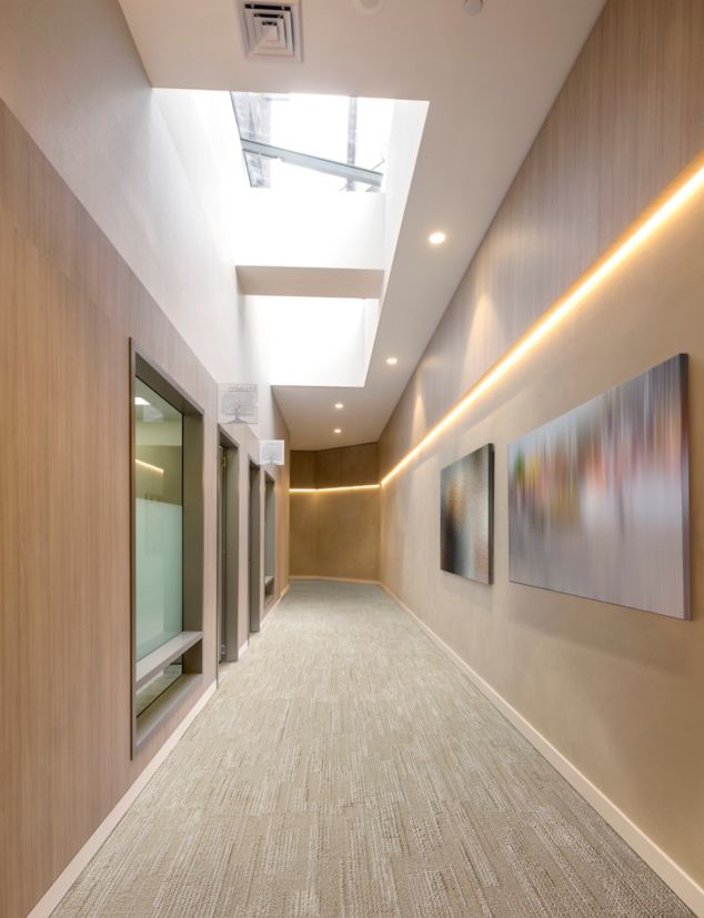 Interface Soft Measure plank carpet tile in workplace corridor
