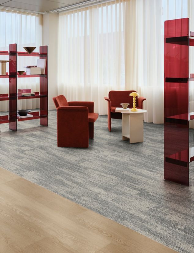 Interface Tempo Trace plank carpet tile with Northern Grain plank LVT in workplace collaborative space