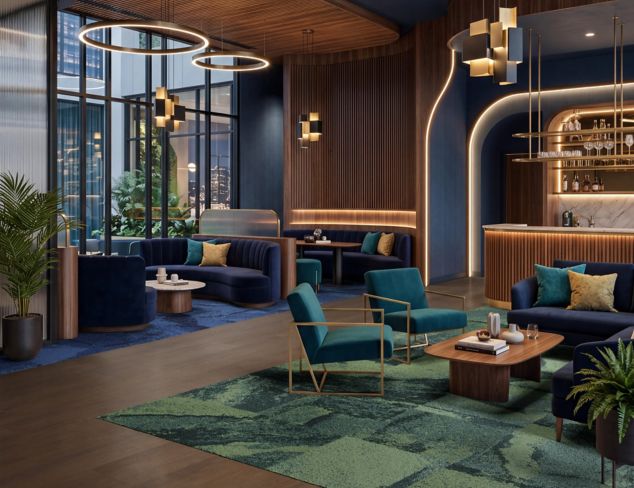 Interface Bridgepoint carpet tile with On Grain plank LVT in hospitality bar