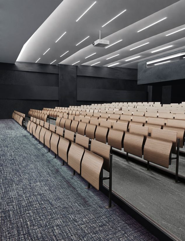 Interface C551 plank carpet tile with norament arago rubber flooring in space with theater seating