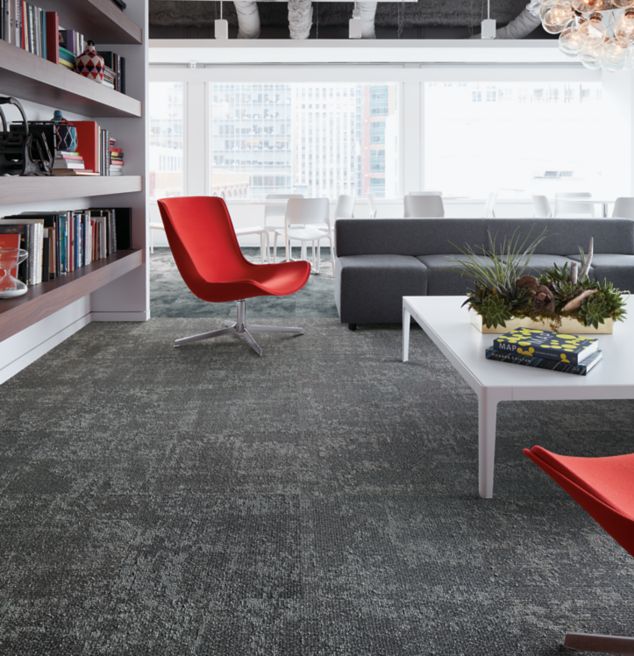 Interface Cloud Cover carpet tile and Natural Stones LVT in office lounge area