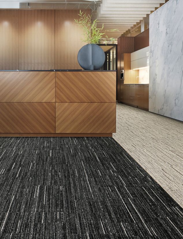 Interface Comes Around plank carpet tile in workplace reception area