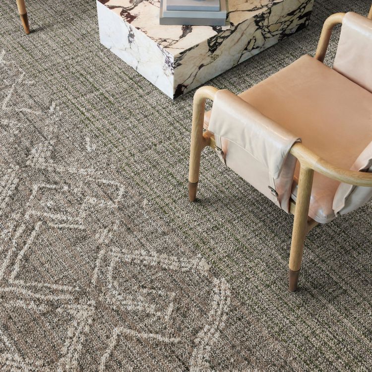 Interface Dual Effect and Thread Lightly carpet tile in seating area
