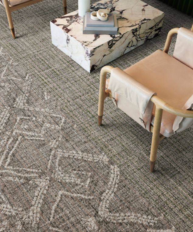 Interface Dual Effect and Thread Lightly carpet tile in seating area