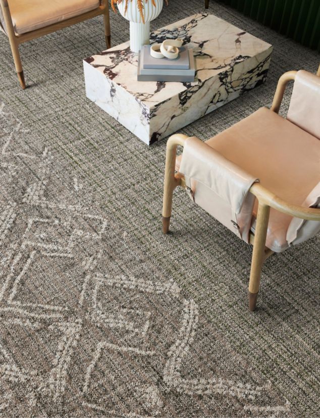 Interface Dual Effect and Thread Lightly carpet tile in seating area
