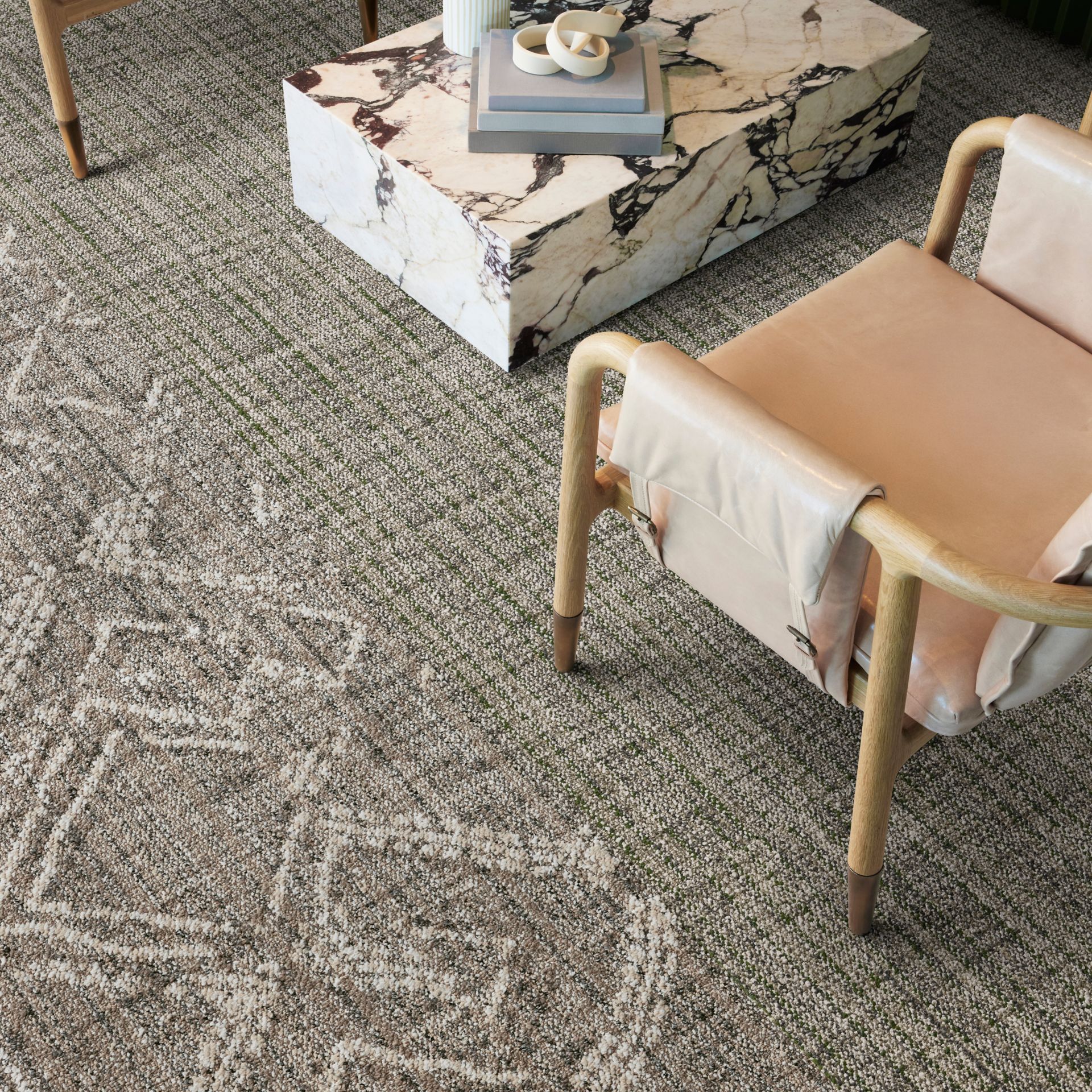 Interface Dual Effect and Thread Lightly carpet tile in seating area