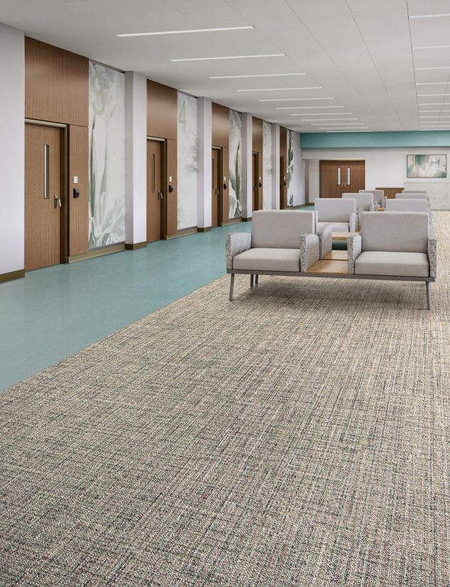 Interface Thread Lightly carpet tile with Brushed Lines plank LVT in healthcare waiting area
