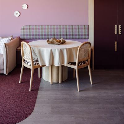 Interace Northern Grain plank LVT with Speckled Ground carpet tile in hotel guest room