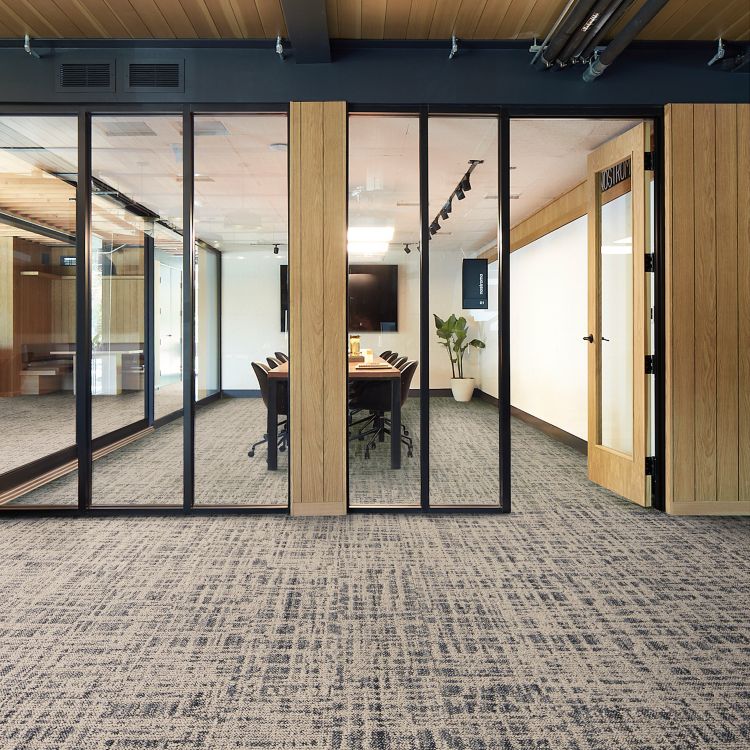 Interface Deckled plank carpet tile in workplace meeting room and public space