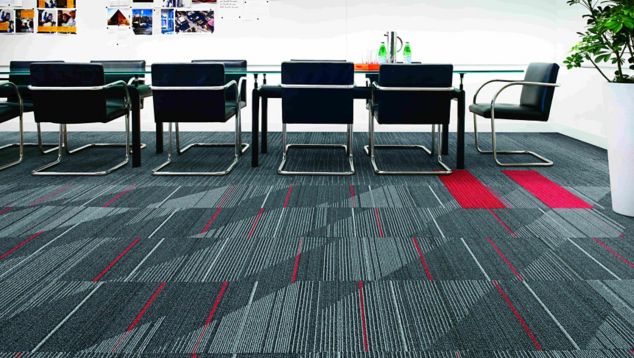 Interface CT111 and On Line plank carpet tile with Detours carpet tile in meeting room