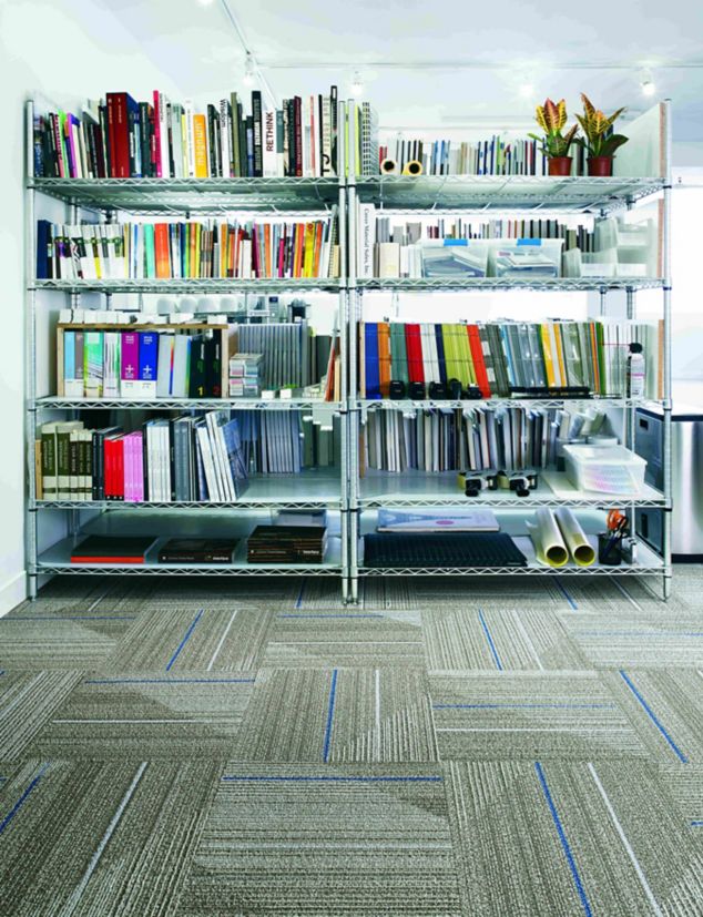 Interface Detours carpet tile in small area with bookshelves