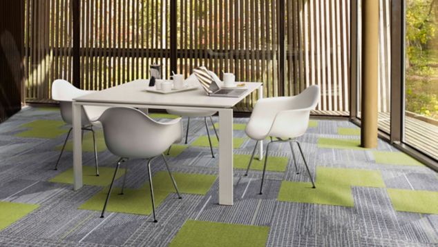 Interface CT111 plank carpet tile with Detours and Viva Colores carpet tile in recreation area