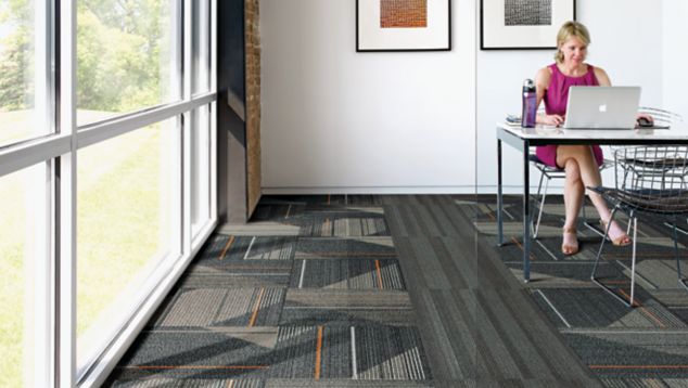 Interface Detours carpet tile and SS217 plank carpet tile in small work area