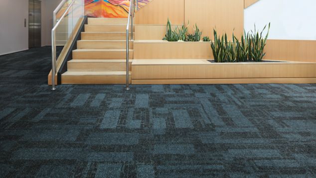 Interface Dynamic Duo carpet tile in entryway with stairs 