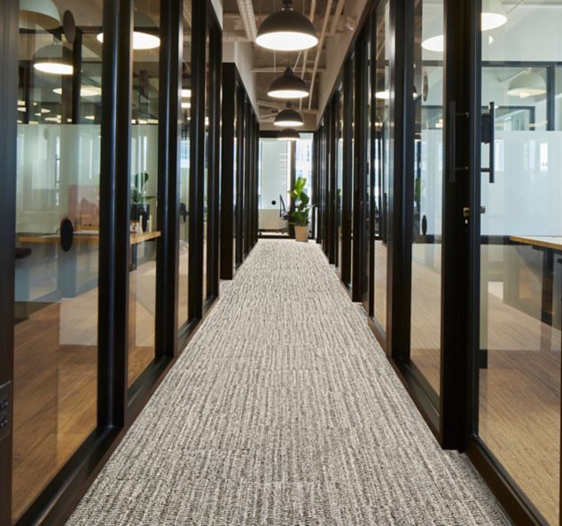 EE714 plank carpet tile in workplace corridor with glass walls