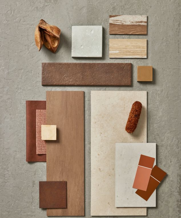 Tabletop palette of Interface Earthen Form LVT with norament arago rubber
