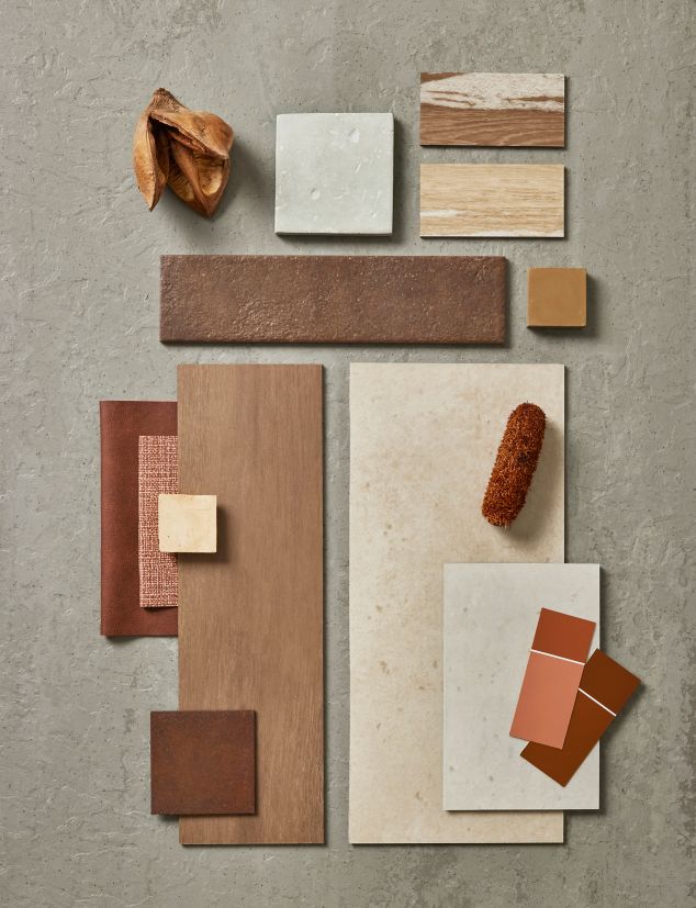 Tabletop palette of Interface Earthen Form LVT with norament arago rubber