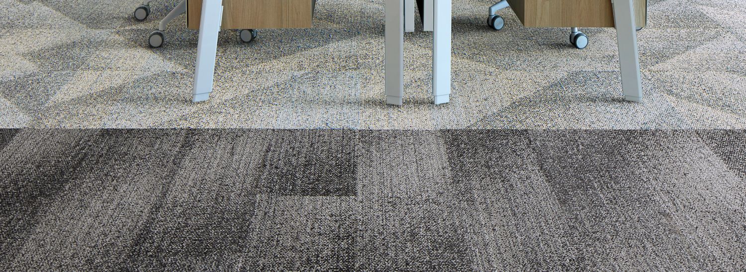Interface Effervescent plank carpet tile with Light Play carpet tile in open office work area