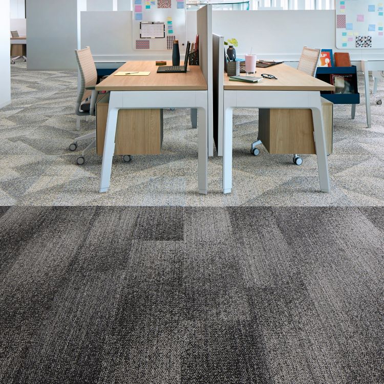 Interface Effervescent plank carpet tile with Light Play carpet tile in open office work area