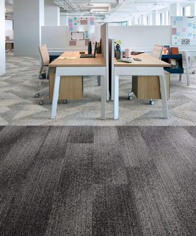 Interface Effervescent plank carpet tile with Light Play carpet tile in open office work area