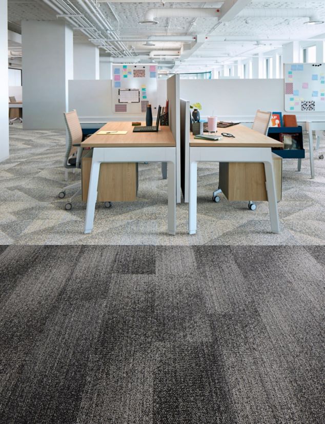 Interface Effervescent plank carpet tile with Light Play carpet tile in open office work area