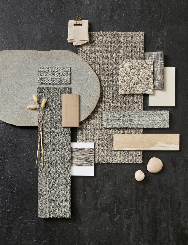 Tabletop palette of Interface Etched & Threaded carpet tiles with Earthen Forms LVT and norament arago rubber