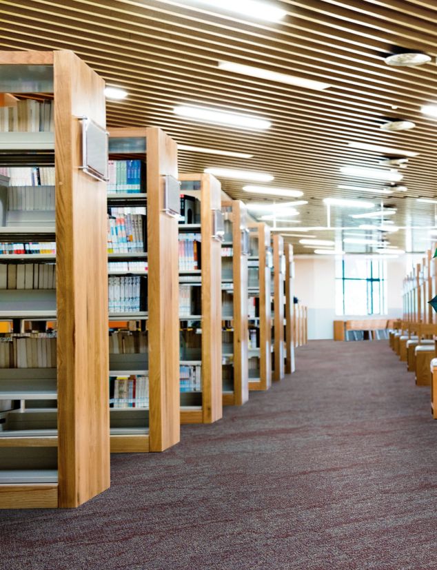 Interface Free Reign plank carpet tile in library