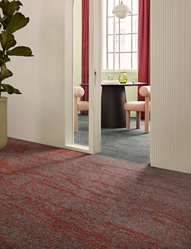 Interface Free Reign plank carpet tile in workplace corridor and private office