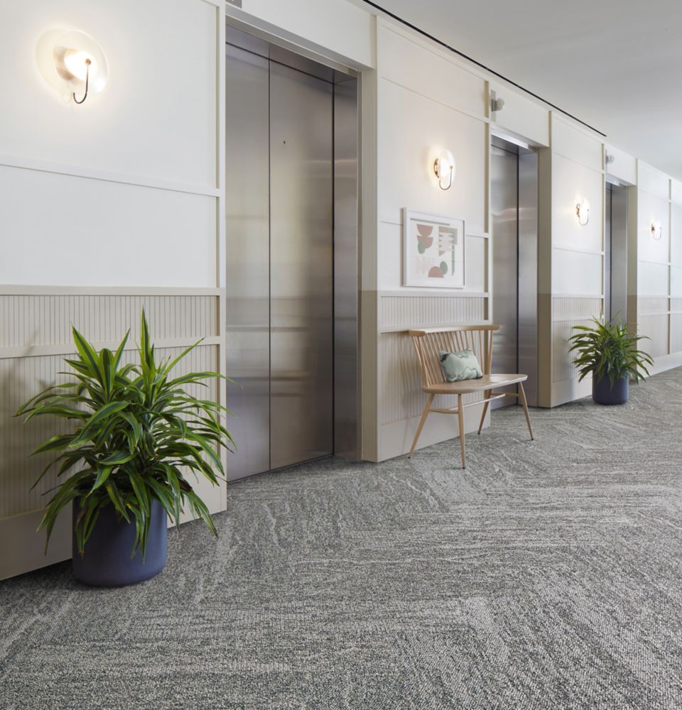 Interface Free Reign plank carpet tile in elevator bank