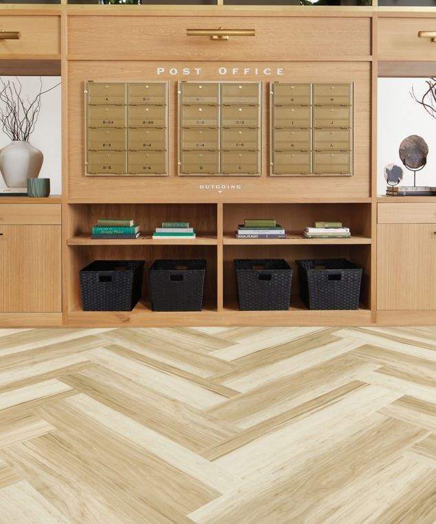 Interface Great Heights LVT in White Oak shown in a casual reception area