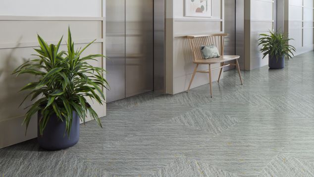 Interface Ridge LVT in Shade shown in an elevator lobby