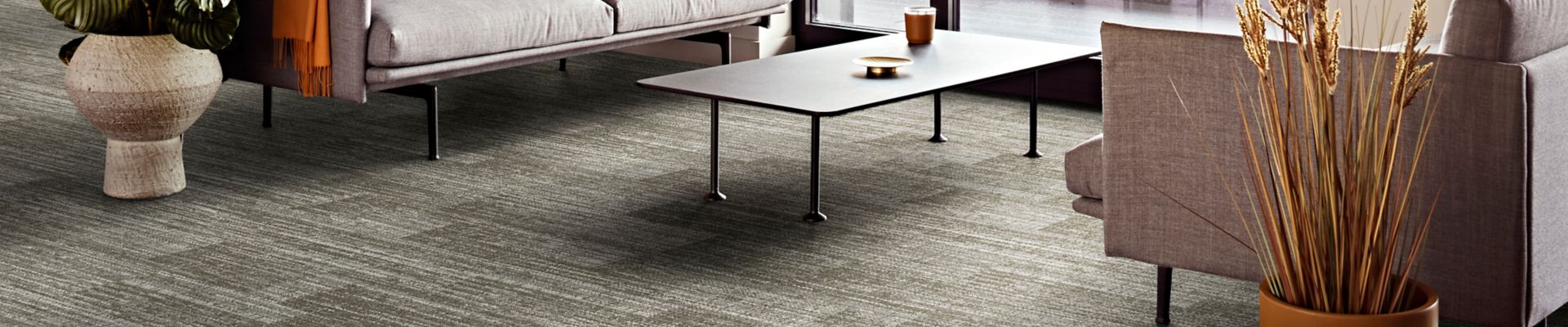 Interface Fringe Benefits plank carpet tile in workplace lobby