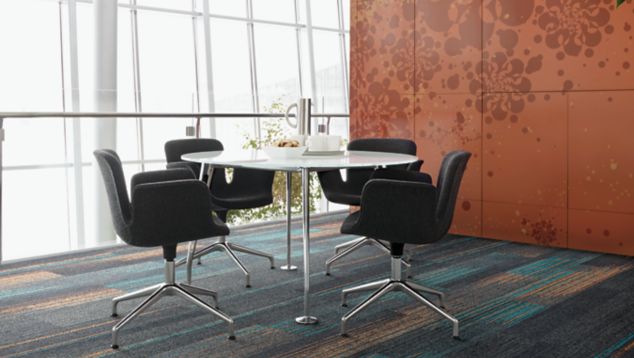 Interface Ground Waves, Harmonize and Ground Waves Verse plank carpet tile in open office meeting area with small table and chairs